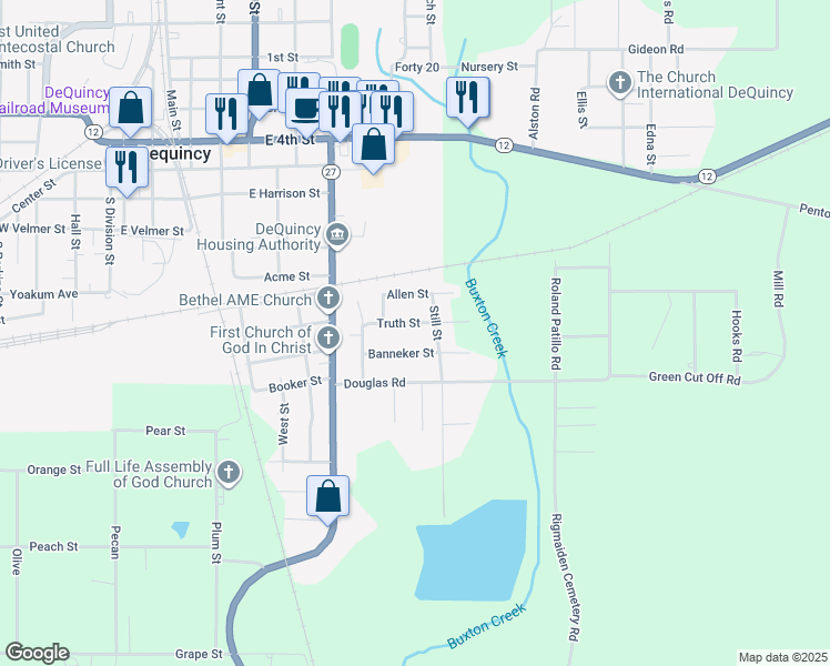 map of restaurants, bars, coffee shops, grocery stores, and more near 1000-1198 Banneker St in DeQuincy