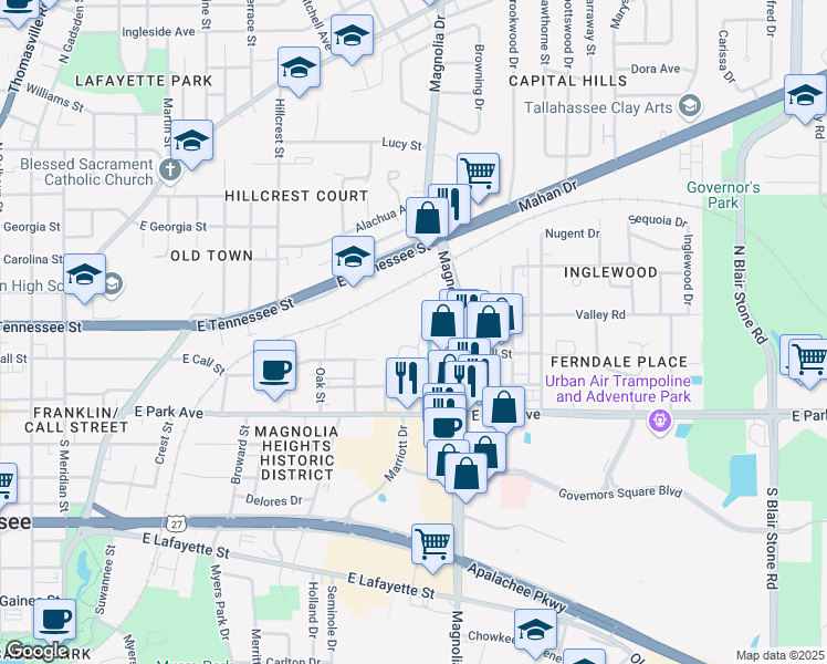 map of restaurants, bars, coffee shops, grocery stores, and more near 311 Vantage Point Lane in Tallahassee