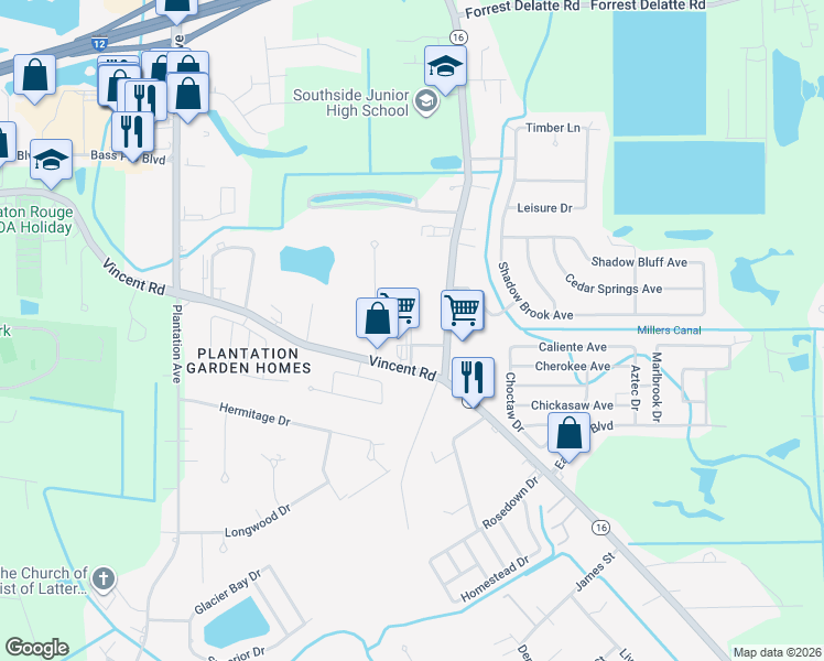 map of restaurants, bars, coffee shops, grocery stores, and more near 8439 Vincent Road in Denham Springs