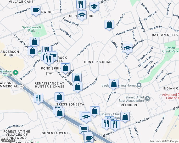 map of restaurants, bars, coffee shops, grocery stores, and more near 8519 Cahill Drive in Austin