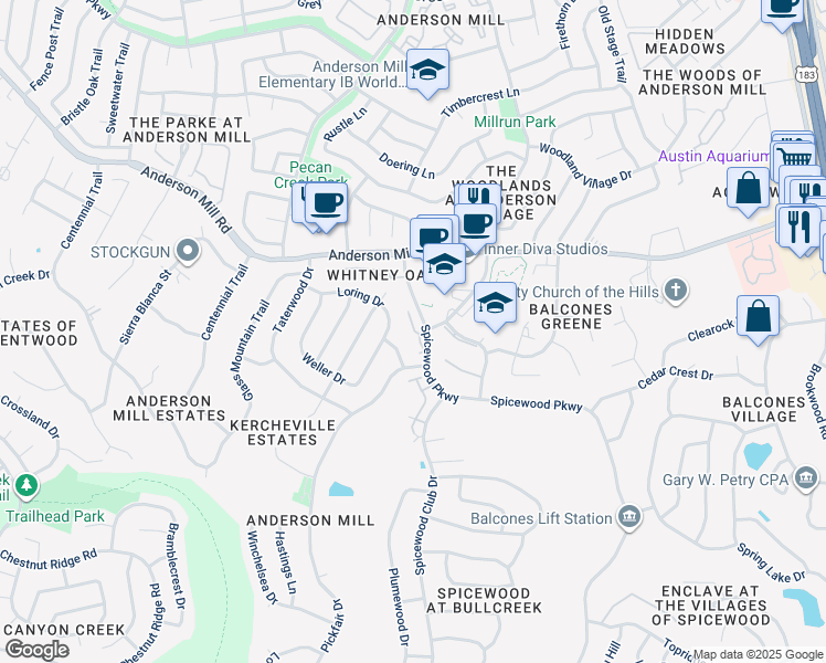 map of restaurants, bars, coffee shops, grocery stores, and more near 11405 Costakes Drive in Austin