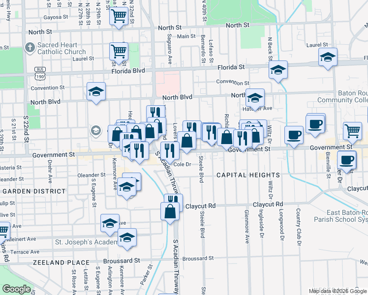 map of restaurants, bars, coffee shops, grocery stores, and more near 3672 Government Street in Baton Rouge