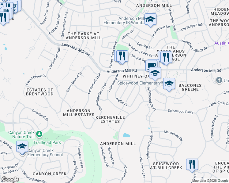 map of restaurants, bars, coffee shops, grocery stores, and more near 10511 Weller Drive in Austin