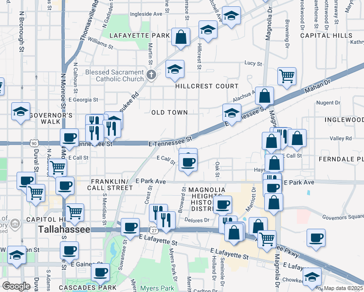 map of restaurants, bars, coffee shops, grocery stores, and more near 733 East Tennessee Street in Tallahassee