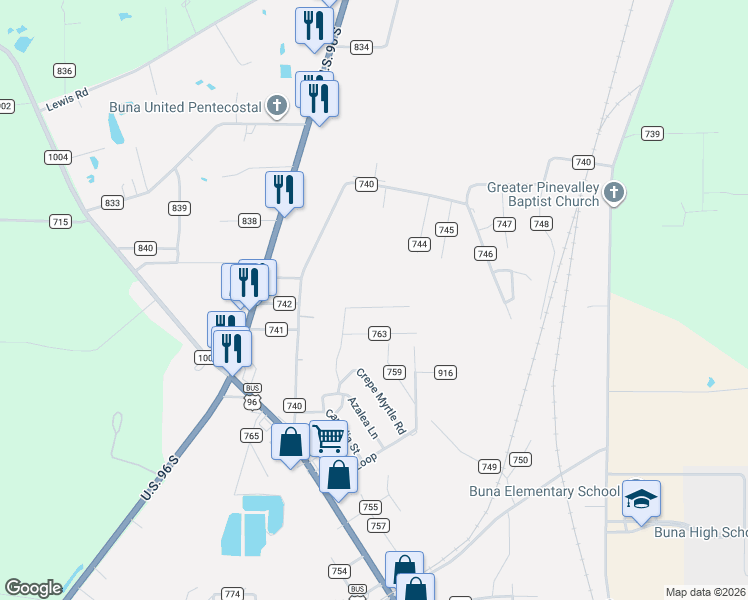 map of restaurants, bars, coffee shops, grocery stores, and more near 220 North Oak in Buna