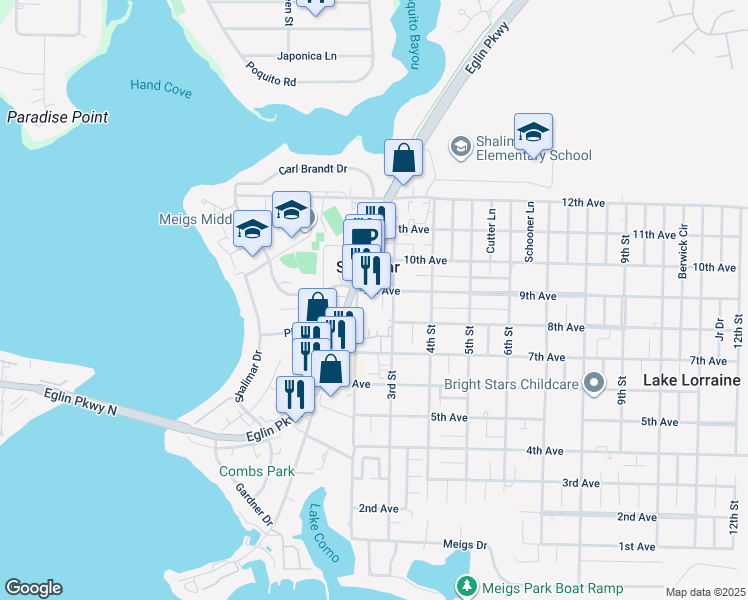 map of restaurants, bars, coffee shops, grocery stores, and more near 60 2nd Street in Shalimar