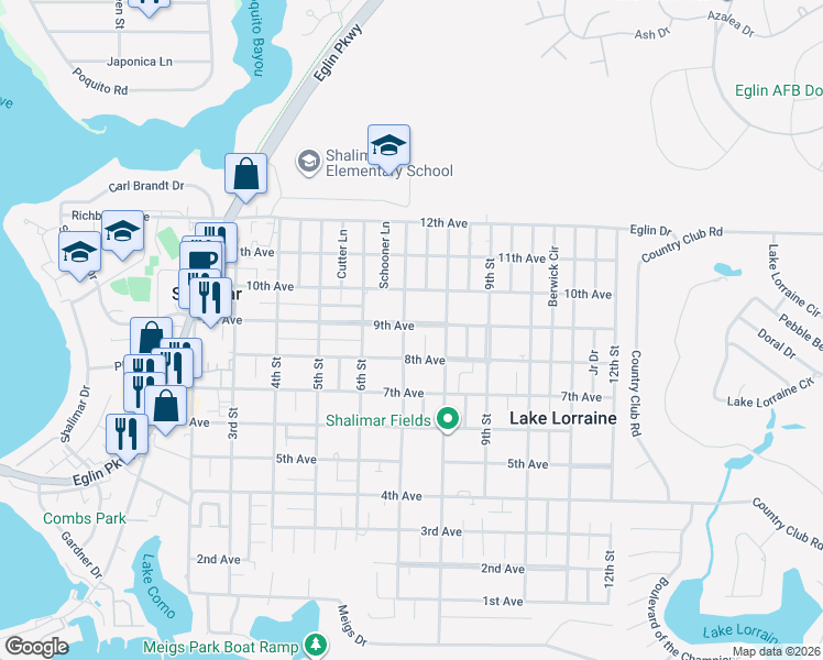 map of restaurants, bars, coffee shops, grocery stores, and more near 61 Fawn Lane in Shalimar