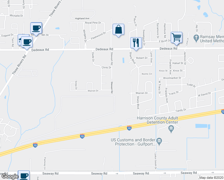 map of restaurants, bars, coffee shops, grocery stores, and more near 11122 Stewart Road in Gulfport