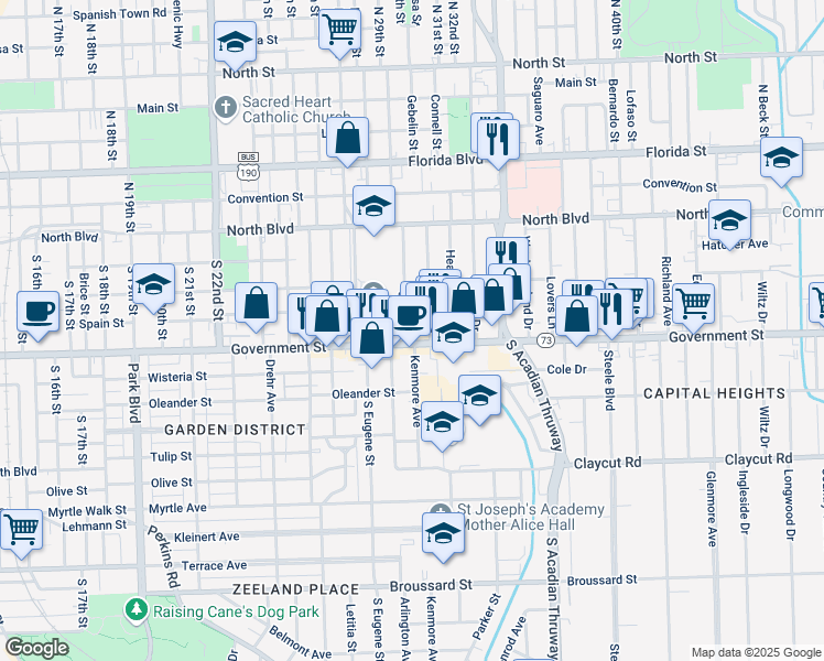 map of restaurants, bars, coffee shops, grocery stores, and more near 431 Ogden Drive in Baton Rouge