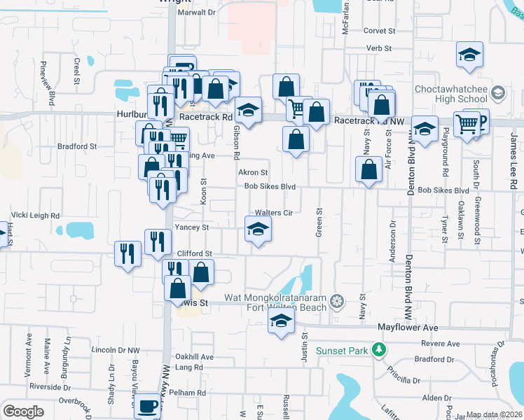 map of restaurants, bars, coffee shops, grocery stores, and more near 406 Walter Circle in Fort Walton Beach