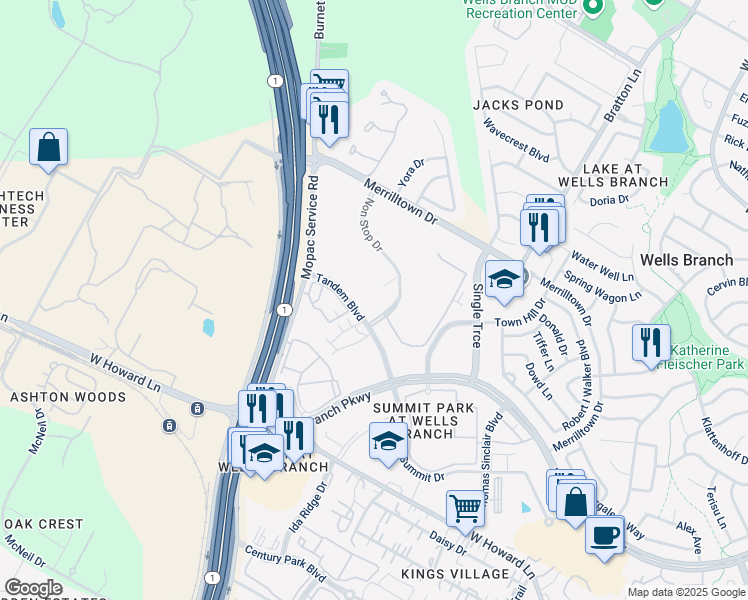 map of restaurants, bars, coffee shops, grocery stores, and more near 14305 Tandem Boulevard in Austin