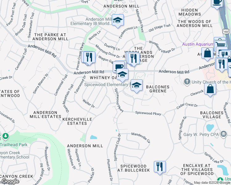 map of restaurants, bars, coffee shops, grocery stores, and more near 11558 Spicewood Parkway in Austin