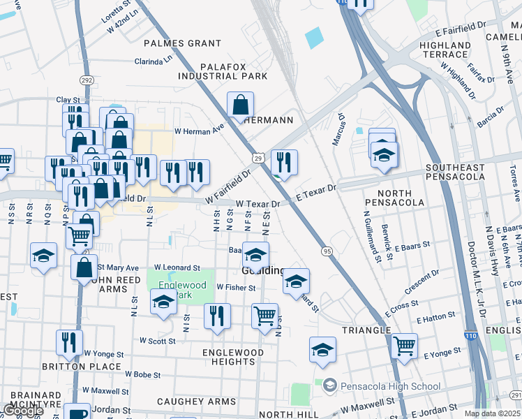 map of restaurants, bars, coffee shops, grocery stores, and more near 911 West Texar Drive in Pensacola