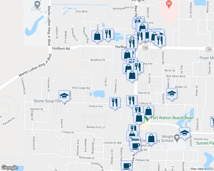 map of restaurants, bars, coffee shops, grocery stores, and more near 933 Tray Drive in Fort Walton Beach