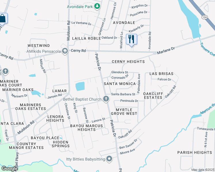 map of restaurants, bars, coffee shops, grocery stores, and more near 3243 Fresno Avenue in Pensacola
