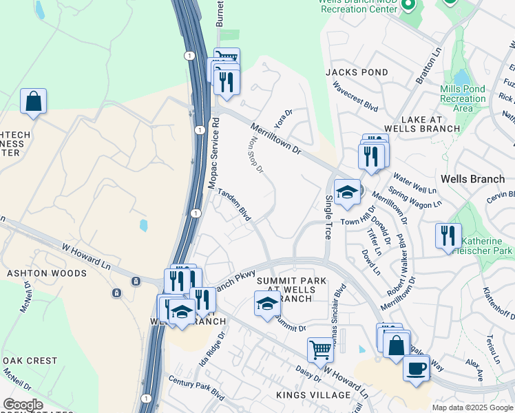 map of restaurants, bars, coffee shops, grocery stores, and more near 14300 Tandem Boulevard in Austin