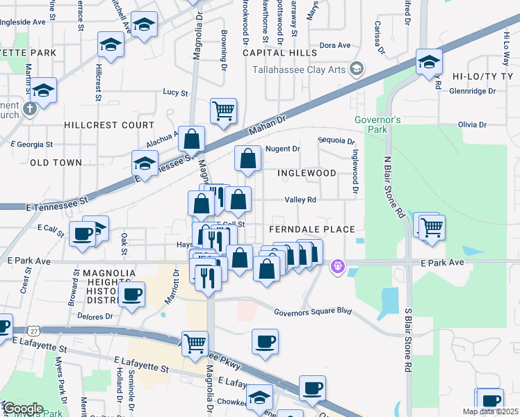 map of restaurants, bars, coffee shops, grocery stores, and more near 220 Belmont Road in Tallahassee