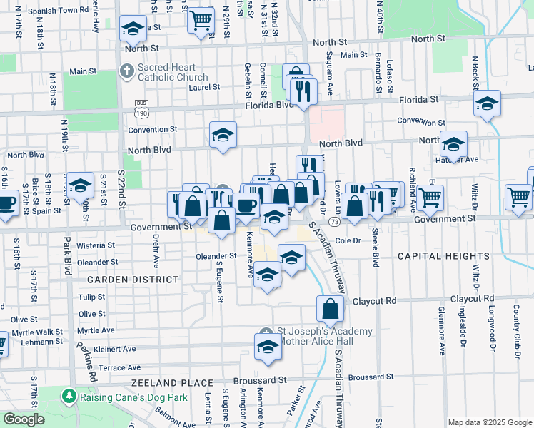 map of restaurants, bars, coffee shops, grocery stores, and more near 3115 Government Street in Baton Rouge