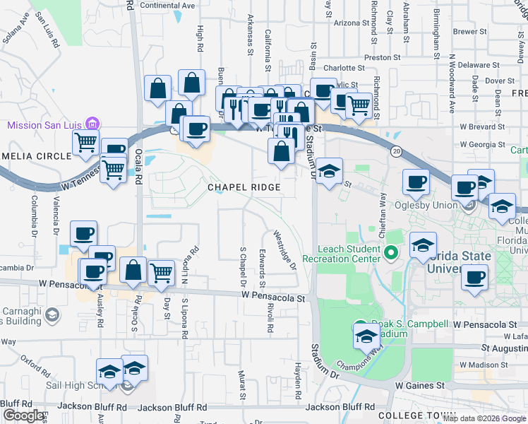 map of restaurants, bars, coffee shops, grocery stores, and more near 227 Westridge Drive in Tallahassee