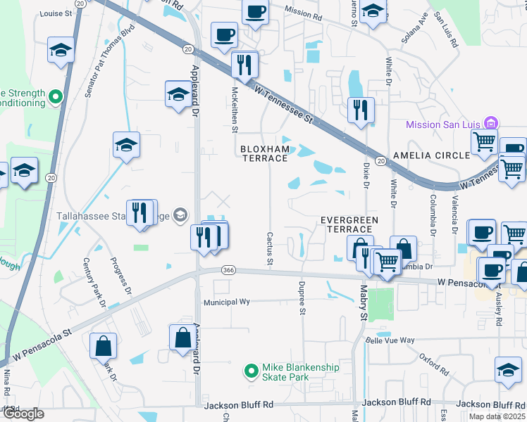 map of restaurants, bars, coffee shops, grocery stores, and more near 206 Cactus Street in Tallahassee