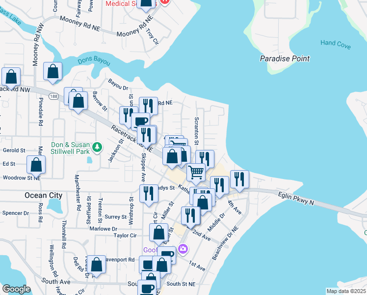 map of restaurants, bars, coffee shops, grocery stores, and more near 121 David Street in Fort Walton Beach