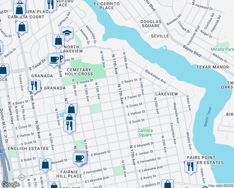map of restaurants, bars, coffee shops, grocery stores, and more near 1701 East Fisher Street in Pensacola