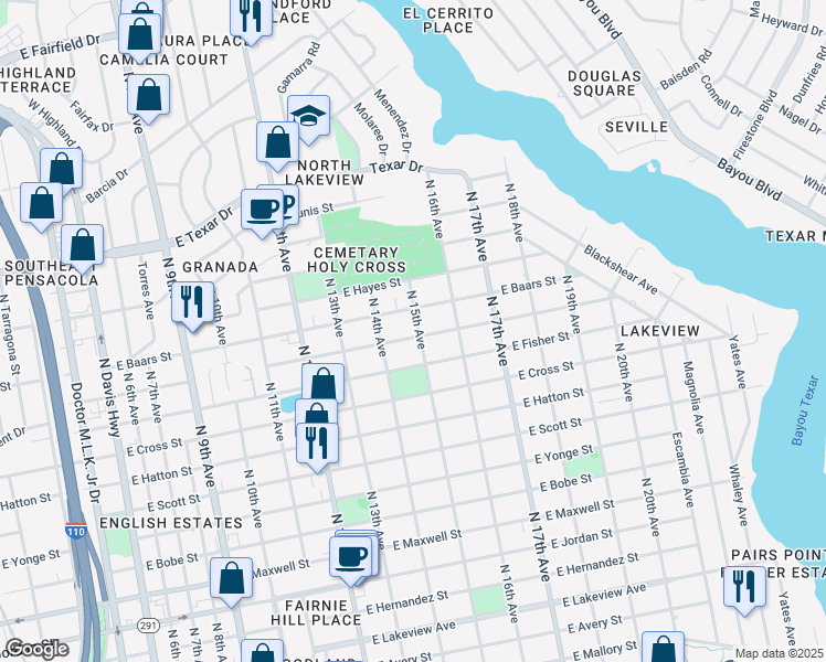 map of restaurants, bars, coffee shops, grocery stores, and more near 1501 East Leonard Street in Pensacola