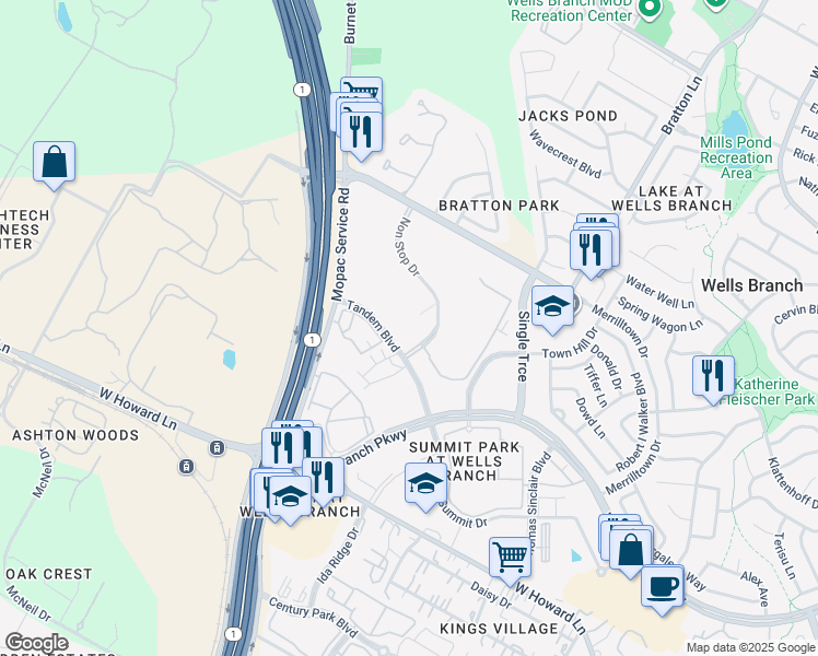map of restaurants, bars, coffee shops, grocery stores, and more near 14300 Tandem Boulevard in Austin