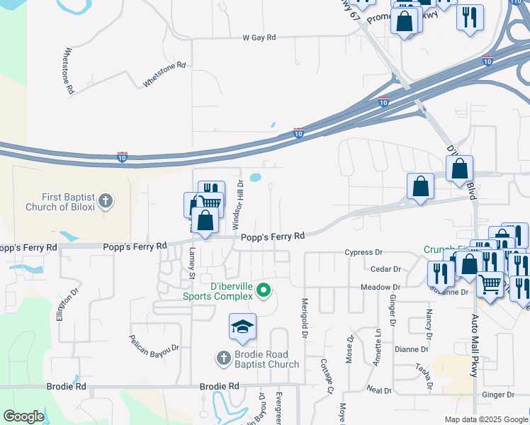 map of restaurants, bars, coffee shops, grocery stores, and more near 11047 Oakcrest Drive in D'Iberville