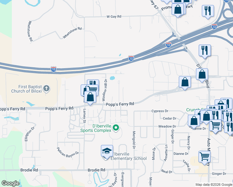 map of restaurants, bars, coffee shops, grocery stores, and more near 11047 Oakcrest Drive in D'Iberville