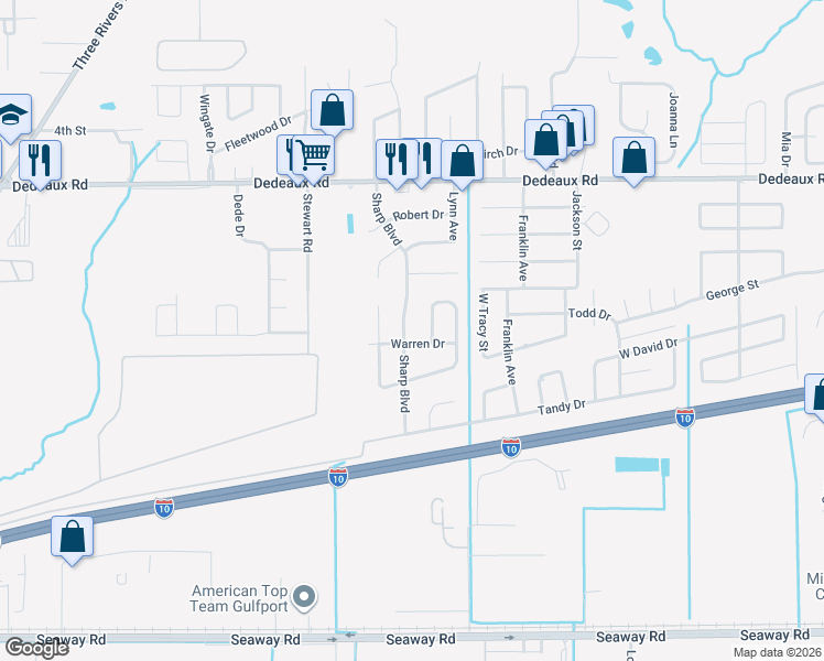 map of restaurants, bars, coffee shops, grocery stores, and more near 10593 Sharp Boulevard in Gulfport