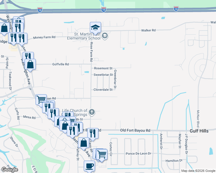 map of restaurants, bars, coffee shops, grocery stores, and more near 7105 Dewberry Street in Ocean Springs