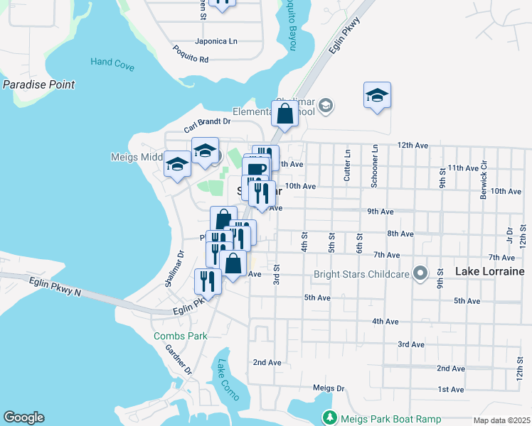 map of restaurants, bars, coffee shops, grocery stores, and more near 74 2nd Street in Shalimar