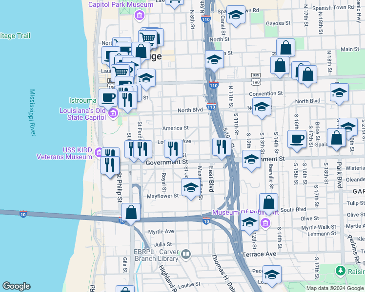 map of restaurants, bars, coffee shops, grocery stores, and more near 322 Saint Joseph Street in Baton Rouge