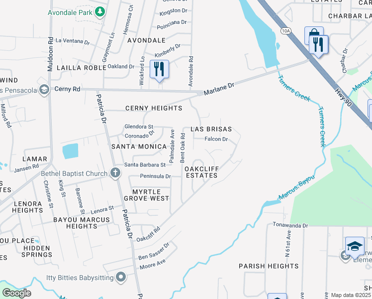 map of restaurants, bars, coffee shops, grocery stores, and more near 3090 Bent Oak Road in Pensacola