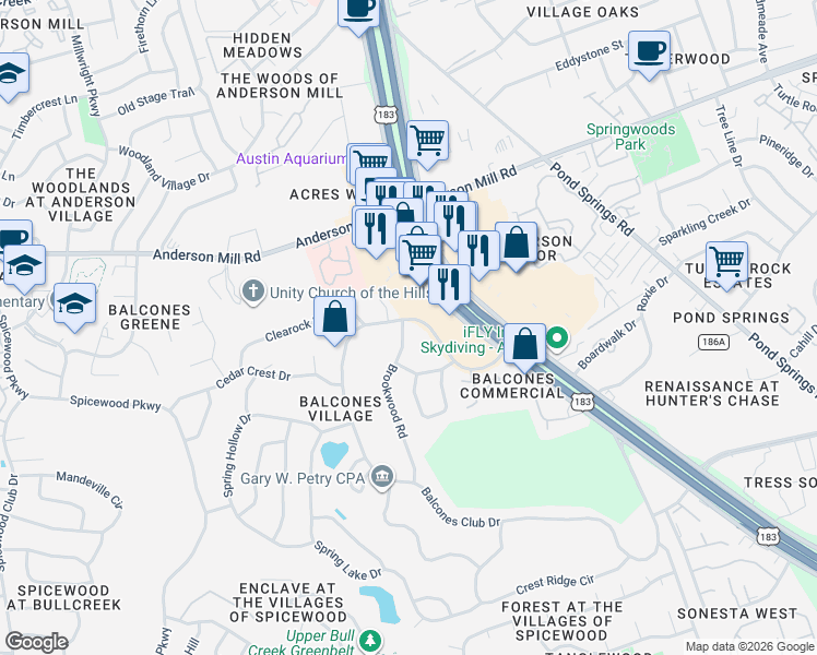 map of restaurants, bars, coffee shops, grocery stores, and more near 11908 Brookwood Road in Austin