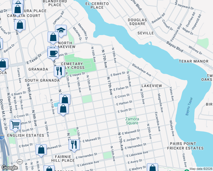 map of restaurants, bars, coffee shops, grocery stores, and more near 1701 East Fisher Street in Pensacola