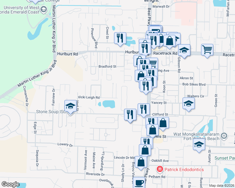map of restaurants, bars, coffee shops, grocery stores, and more near 989 Claeven Circle in Fort Walton Beach