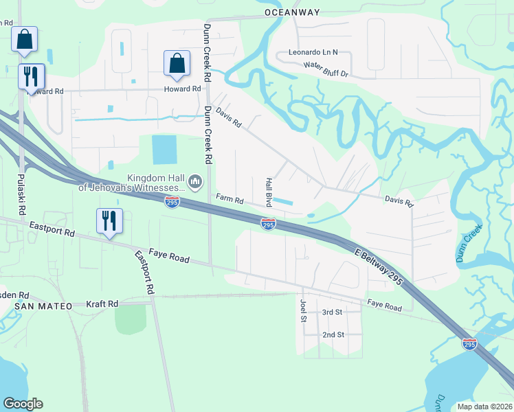 map of restaurants, bars, coffee shops, grocery stores, and more near 1858 Farm Road in Jacksonville
