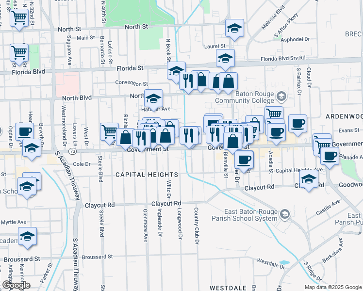 map of restaurants, bars, coffee shops, grocery stores, and more near 433 Longwood Court in Baton Rouge