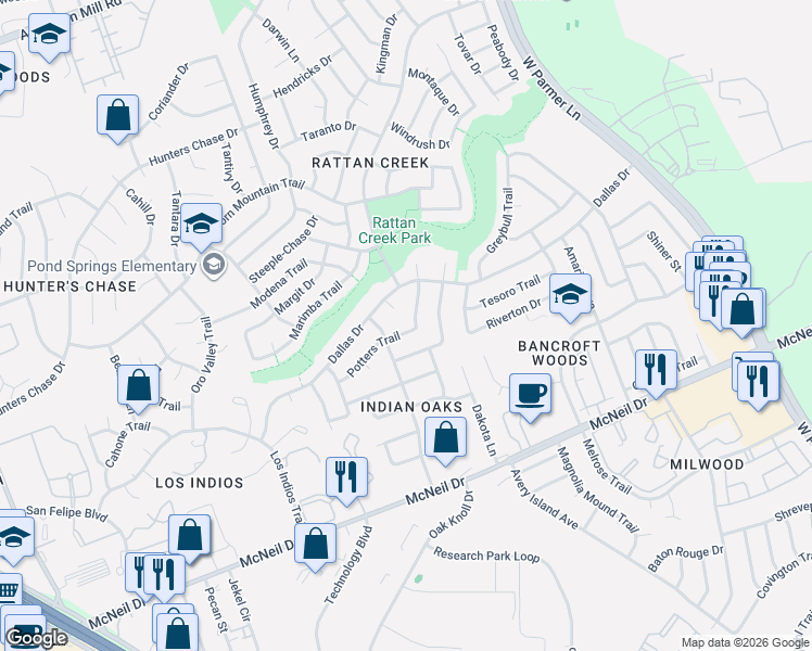 map of restaurants, bars, coffee shops, grocery stores, and more near 7208 Boniface Lane in Austin