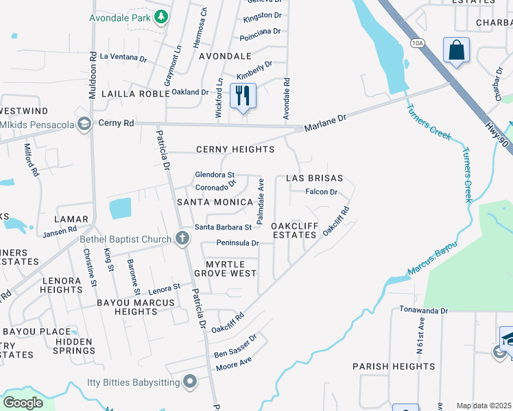 map of restaurants, bars, coffee shops, grocery stores, and more near 7001 Redondo Drive in Pensacola
