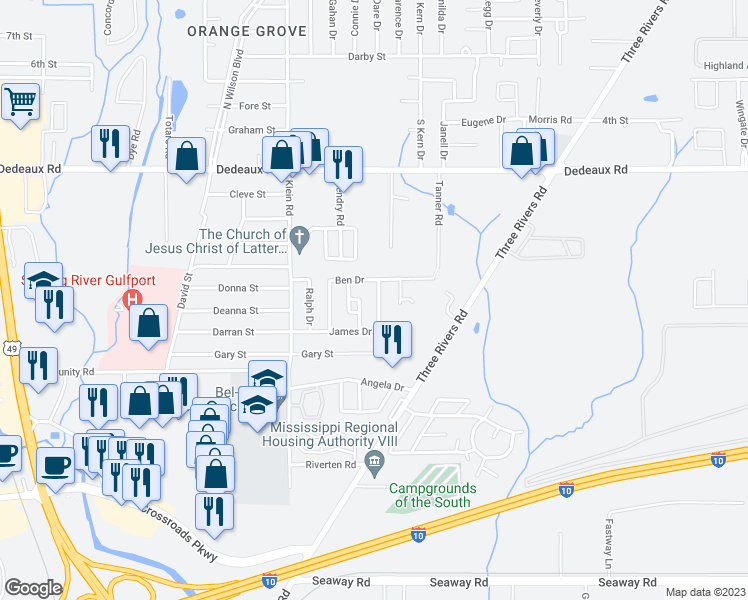 map of restaurants, bars, coffee shops, grocery stores, and more near 145 James Drive in Gulfport