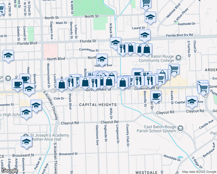 map of restaurants, bars, coffee shops, grocery stores, and more near 513 Wiltz Drive in Baton Rouge