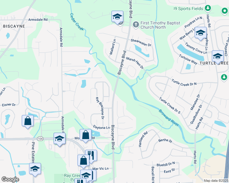 map of restaurants, bars, coffee shops, grocery stores, and more near 11501 Biscayne Boulevard in Jacksonville
