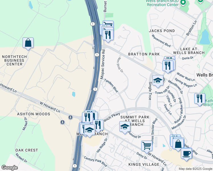 map of restaurants, bars, coffee shops, grocery stores, and more near 14320 Tandem Boulevard in Austin