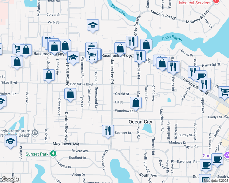 map of restaurants, bars, coffee shops, grocery stores, and more near 708 James Lee Road in Fort Walton Beach