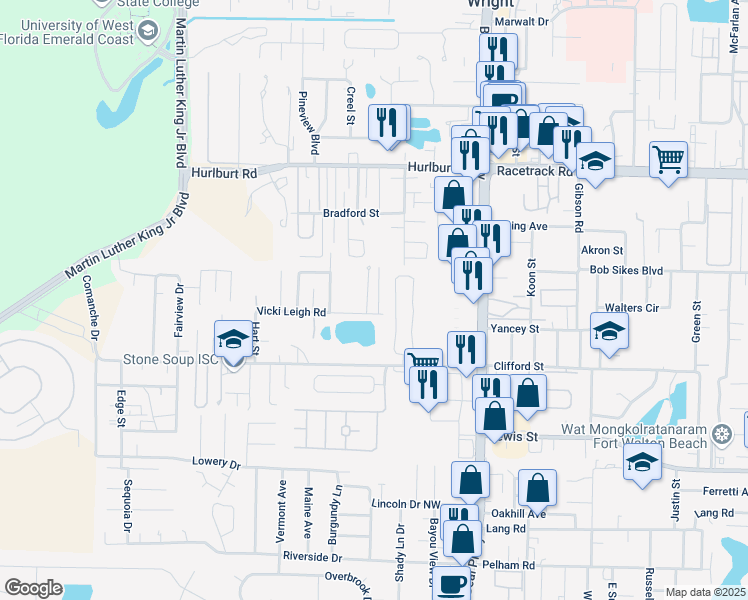 map of restaurants, bars, coffee shops, grocery stores, and more near 1005 High Grove Court in Fort Walton Beach