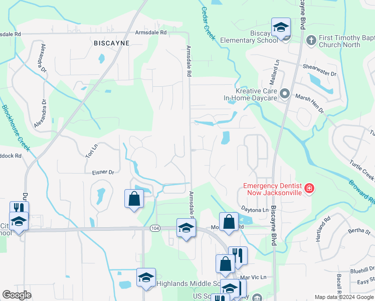 map of restaurants, bars, coffee shops, grocery stores, and more near 11509 Whisperingbrook Lane in Jacksonville