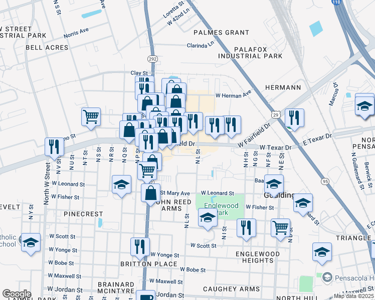 map of restaurants, bars, coffee shops, grocery stores, and more near 1711 West Fairfield Drive in Pensacola